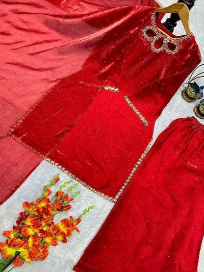 Hot Red Silk Embroidery Work Palazzo Suit Set - BONYHUBSALWAR KAMEEZ