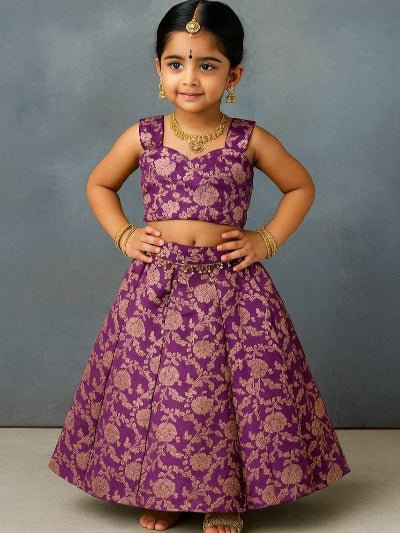 Royal Plum Kids Banarasi Silk Lehenga Blouse Set - BONYHUBLehangas