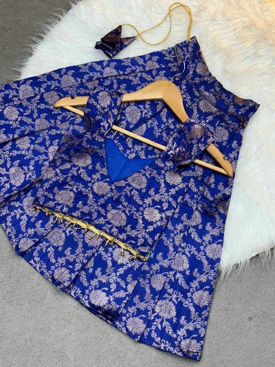 Royal Blue Kids Banarasi Silk Lehenga Blouse Set - BONYHUBLehangas
