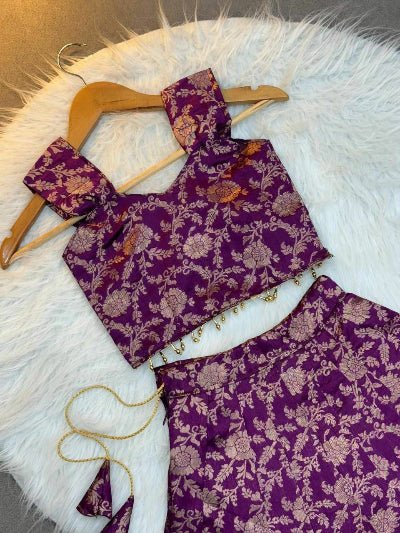 Royal Plum Kids Banarasi Silk Lehenga Blouse Set - BONYHUBLehangas