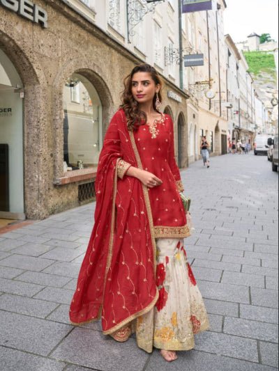 Red Chinon Silk Embroidery Floral Sharara Dupatta Set - BONYHUBSALWAR KAMEEZ
