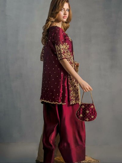 Maroon Satin Embroidery Farshi Suit With Gold Dupatta - BONYHUBSALWAR KAMEEZ