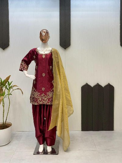 Maroon Satin Embroidery Farshi Suit With Gold Dupatta - BONYHUBSALWAR KAMEEZ