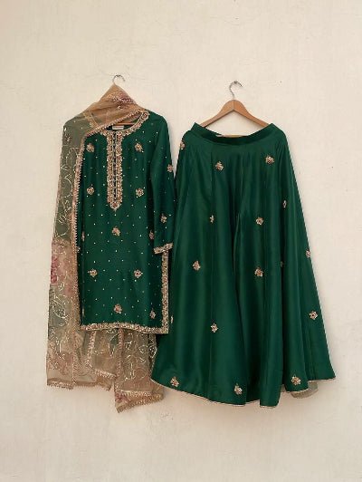 Dark Green Exquisite Sequins Embroidery Sharara Palazzo Suit - BONYHUBSALWAR KAMEEZ