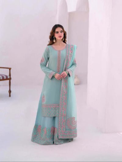 Mint Blue Roman Silk Embroidery Sharara Palazzo Suit - BONYHUBSALWAR KAMEEZ