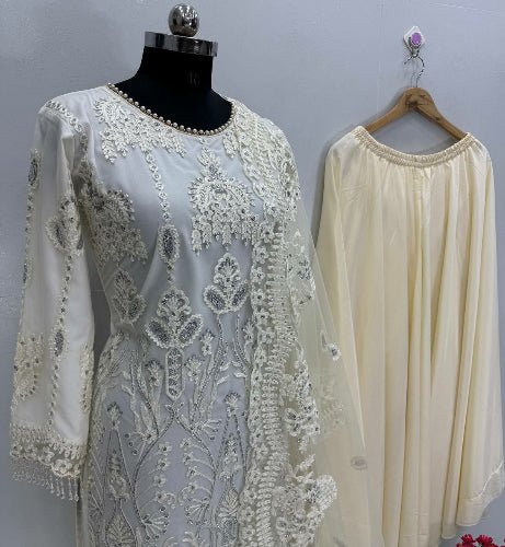 Ivory Cream Soft Net Embroidery Work Straight Suit Set - BONYHUBSALWAR KAMEEZ