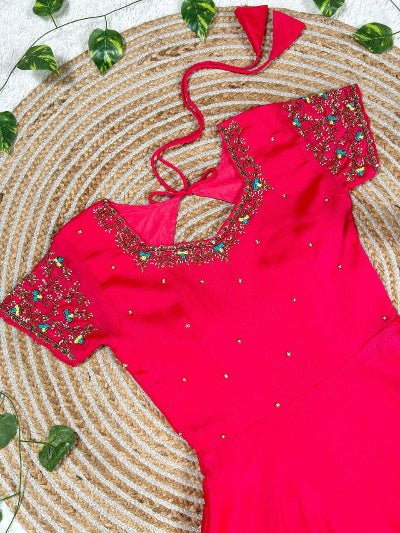 Magenta Pink Handwork Silk Gown With Dupatta Set Of 2 - BONYHUBSALWAR KAMEEZ