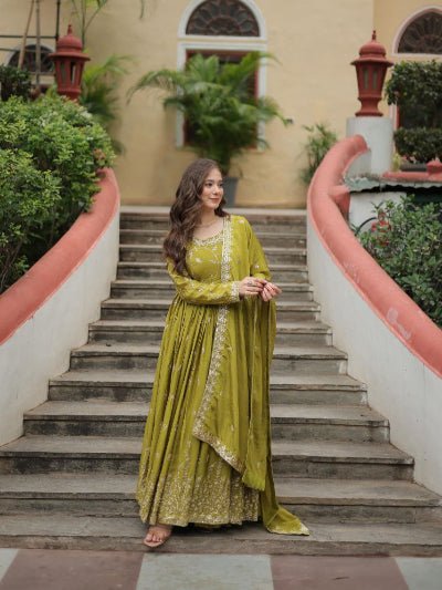 Lime Green Chinon Silk Sequins Embroidered Sharara Suit - BONYHUBSALWAR KAMEEZ