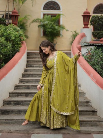 Lime Green Chinon Silk Sequins Embroidered Sharara Suit - BONYHUBSALWAR KAMEEZ