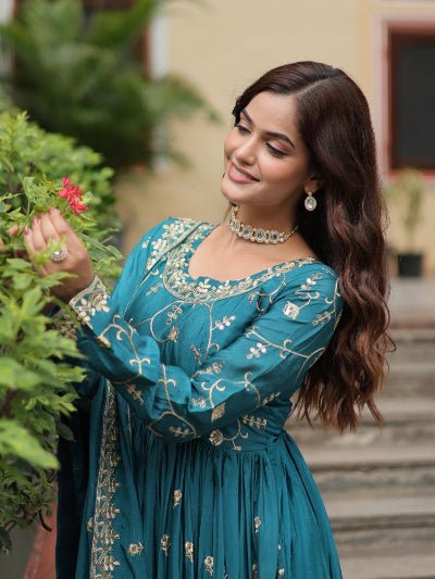 Ocean Blue Chinon Silk Sequins Embroidered Sharara Suit - BONYHUBSALWAR KAMEEZ