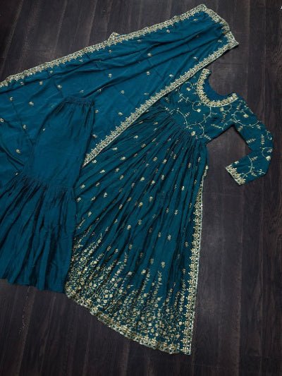 Ocean Blue Chinon Silk Sequins Embroidered Sharara Suit - BONYHUBSALWAR KAMEEZ