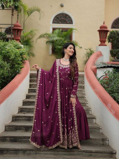 Plum Chinon Silk Sequins Embroidered Sharara Suit - BONYHUBSALWAR KAMEEZ
