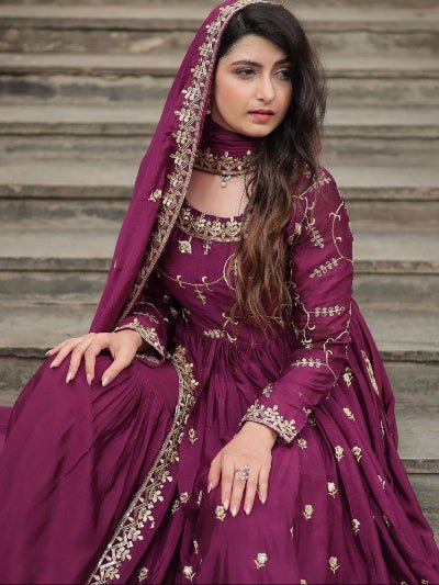 Plum Chinon Silk Sequins Embroidered Sharara Suit - BONYHUBSALWAR KAMEEZ