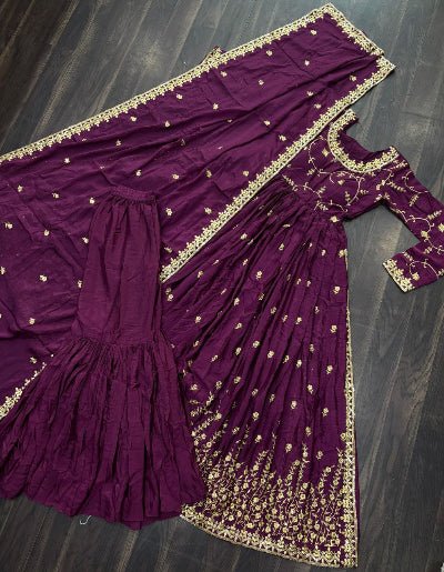 Plum Chinon Silk Sequins Embroidered Sharara Suit - BONYHUBSALWAR KAMEEZ