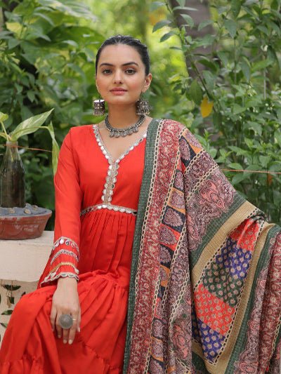 Bright Orange Mirror Work Gown With Multicolor Dupatta Set Of 2 - BONYHUBSALWAR KAMEEZ