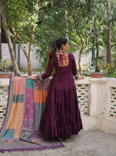 Burgandy Mirror Work Gown With Multicolor Dupatta Set Of 2 - BONYHUBSALWAR KAMEEZ