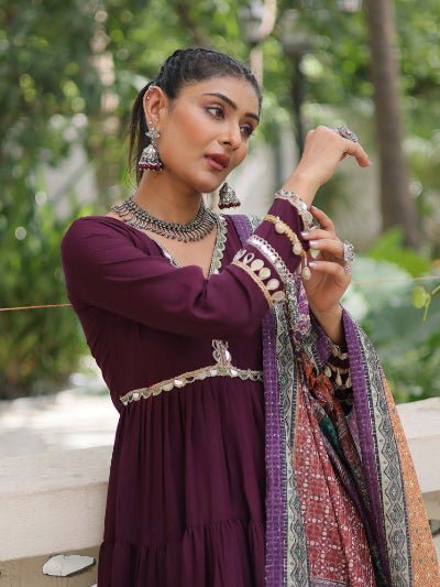 Burgandy Mirror Work Gown With Multicolor Dupatta Set Of 2 - BONYHUBSALWAR KAMEEZ