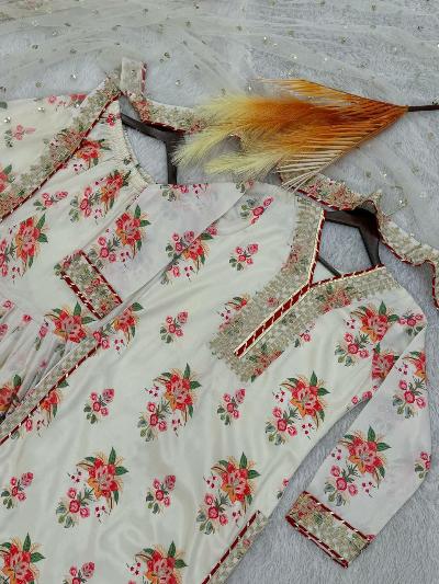 White Pink Designer Floral Chinon Silk Sharara Suit - BONYHUBSALWAR KAMEEZ