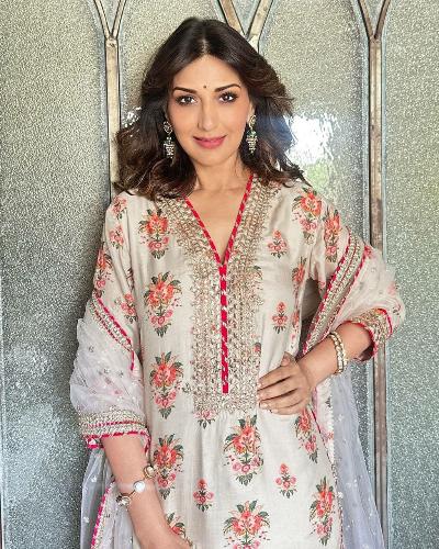 White Pink Designer Floral Chinon Silk Sharara Suit - BONYHUBSALWAR KAMEEZ