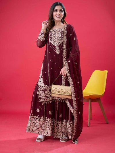 Burgandy Georgette Embroidery Moti Work Sharara Suit - BONYHUBSALWAR KAMEEZ