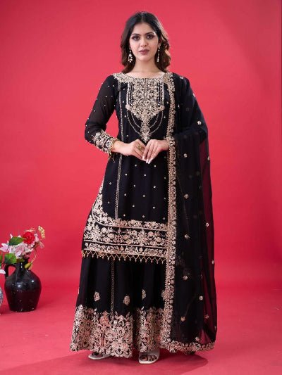 Black Georgette Embroidery Moti Work Sharara Suit - BONYHUBSALWAR KAMEEZ
