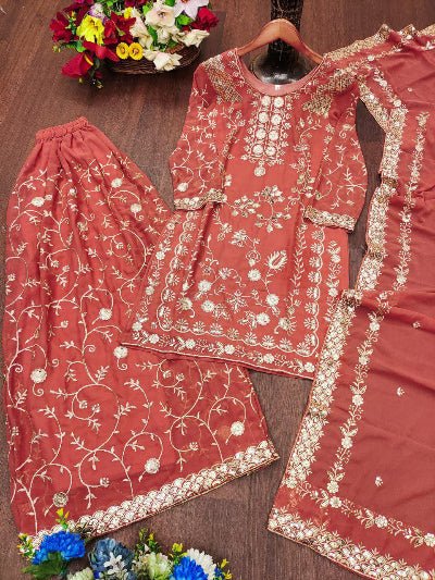 Peach Embroidery Georgette Sharara Suit Set - BONYHUBSALWAR KAMEEZ