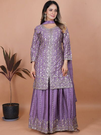 Lilac Chinon Silk Embroidered Sequence Work Sharara Suit - BONYHUBSALWAR KAMEEZ