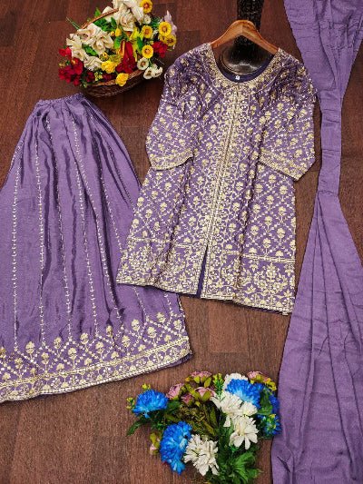 Lilac Chinon Silk Embroidered Sequence Work Sharara Suit - BONYHUBSALWAR KAMEEZ