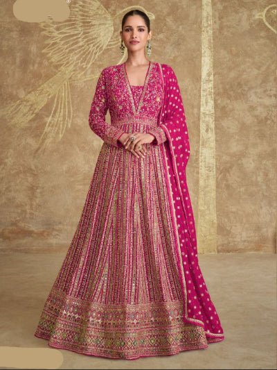 Royal Magenta Pink Exquisite Sequins Work Gown Dupatta Set Of 2 - BONYHUBSALWAR KAMEEZ