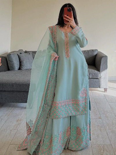 Powder Blue Georgette Pink Embroidery Palazzo Suit Set - BONYHUBSALWAR KAMEEZ