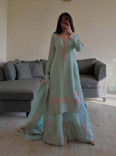 Powder Blue Georgette Pink Embroidery Palazzo Suit Set - BONYHUBSALWAR KAMEEZ
