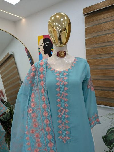 Powder Blue Georgette Pink Embroidery Palazzo Suit Set - BONYHUBSALWAR KAMEEZ