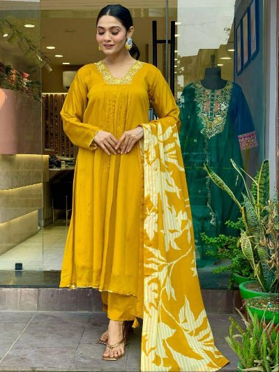 Honey Mustard Yellow Chinon Anarkali Suit Set - BONYHUBSALWAR KAMEEZ