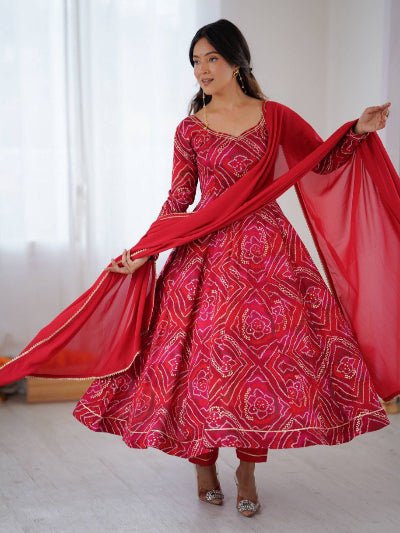 Rani Pink & Red Bhandhani Anarkali Suit Set - BONYHUBSALWAR KAMEEZ