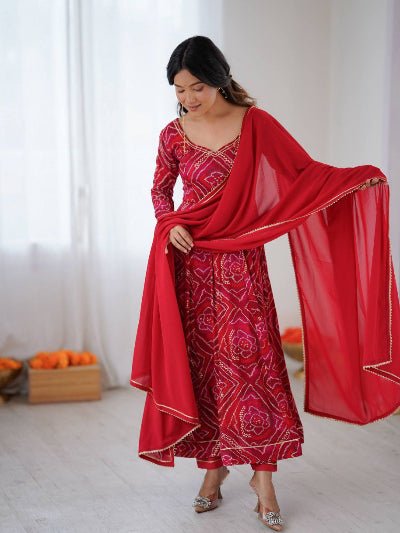 Rani Pink & Red Bhandhani Anarkali Suit Set - BONYHUBSALWAR KAMEEZ