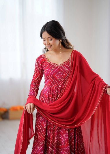Rani Pink & Red Bhandhani Anarkali Suit Set - BONYHUBSALWAR KAMEEZ