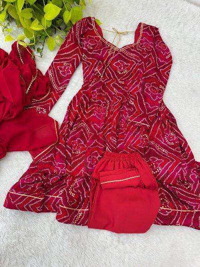 Rani Pink & Red Bhandhani Anarkali Suit Set - BONYHUBSALWAR KAMEEZ