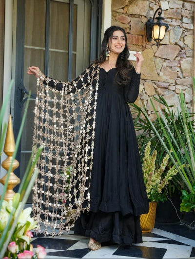 Classic Black Anarkali Suit with Gold Mirror Work Dupatta – BONYHUB