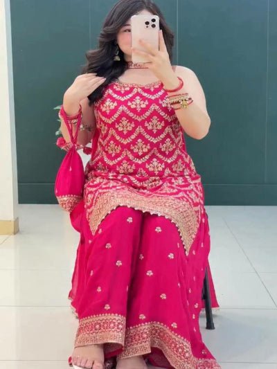 Hot Pink Georgette Festive Sharara Suit With Free Potli - BONYHUBSALWAR KAMEEZ
