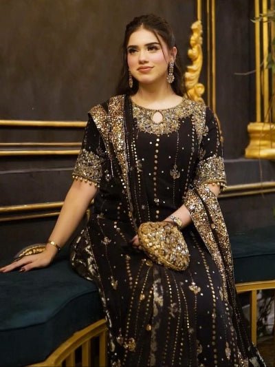 Mystic Black Georgette Gold Sequins Work Palazzo Suit Set - BONYHUBSALWAR KAMEEZ