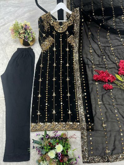 Mystic Black Georgette Gold Sequins Work Palazzo Suit Set - BONYHUBSALWAR KAMEEZ