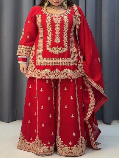 Red Georgette Full Sleeves Embroidered Sharara Palazzo Suit - BONYHUBSALWAR KAMEEZ