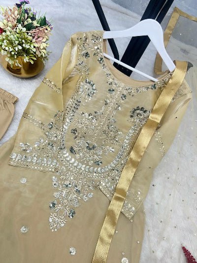 Gold Tissue Silk Embroidered Straight Suit Set - BONYHUBSALWAR KAMEEZ