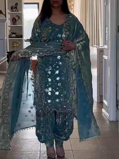 Blue Crush Silk Sequins Punjabi Dhoti Salwar Suit Set - BONYHUBSALWAR KAMEEZ