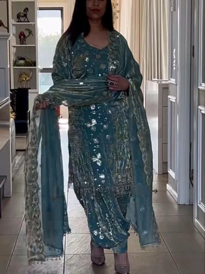 Blue Crush Silk Sequins Punjabi Dhoti Salwar Suit Set - BONYHUBSALWAR KAMEEZ