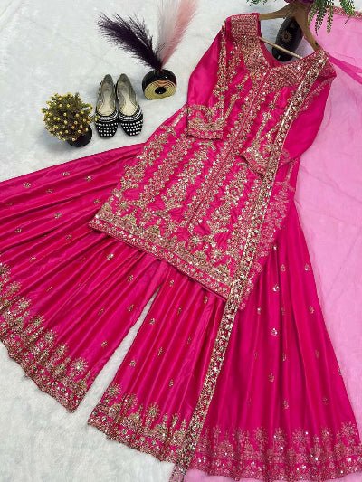 Hot Pink Satin Silk Exquisite Embroidered Sharara Palazzo Suit - BONYHUBSALWAR KAMEEZ