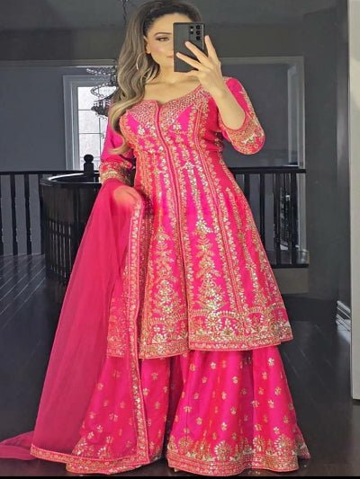 Hot Pink Satin Silk Exquisite Embroidered Sharara Palazzo Suit - BONYHUBSALWAR KAMEEZ