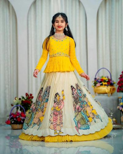 Yellow Chinon Silk Printed Kids Lehenga Choli Set - BONYHUBClothing