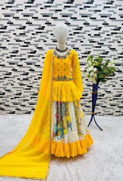 Yellow Chinon Silk Printed Kids Lehenga Choli Set - BONYHUBClothing