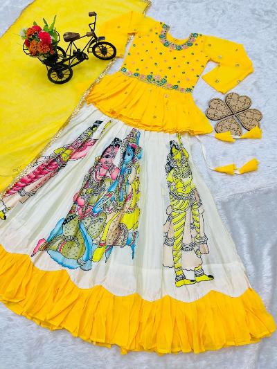 Yellow Chinon Silk Printed Kids Lehenga Choli Set - BONYHUBClothing